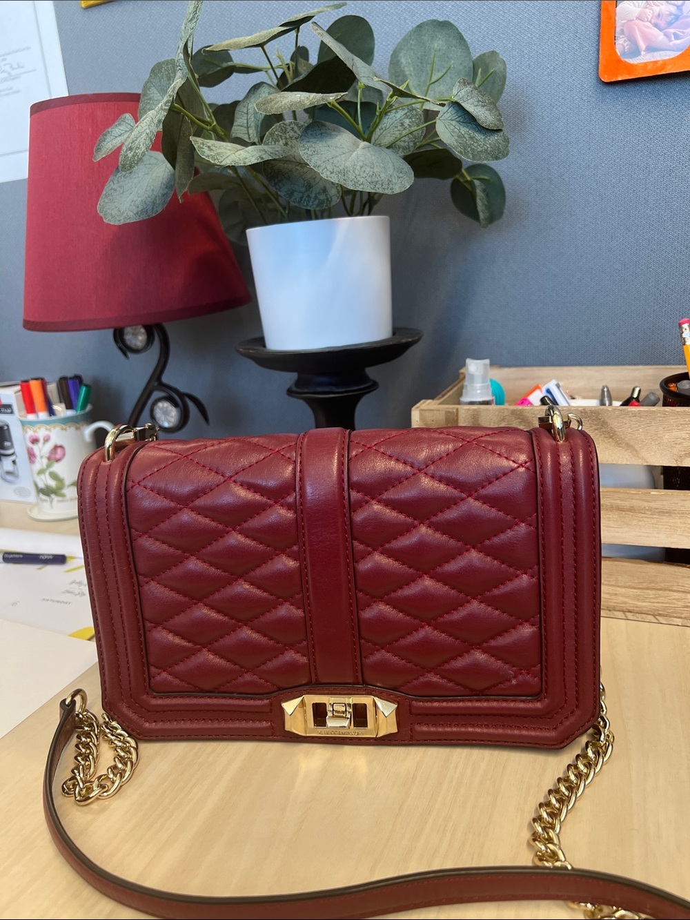 Rebecca Minkoff Leather Quilted Red Burgundy Chain-Trim Crossbody Bag
